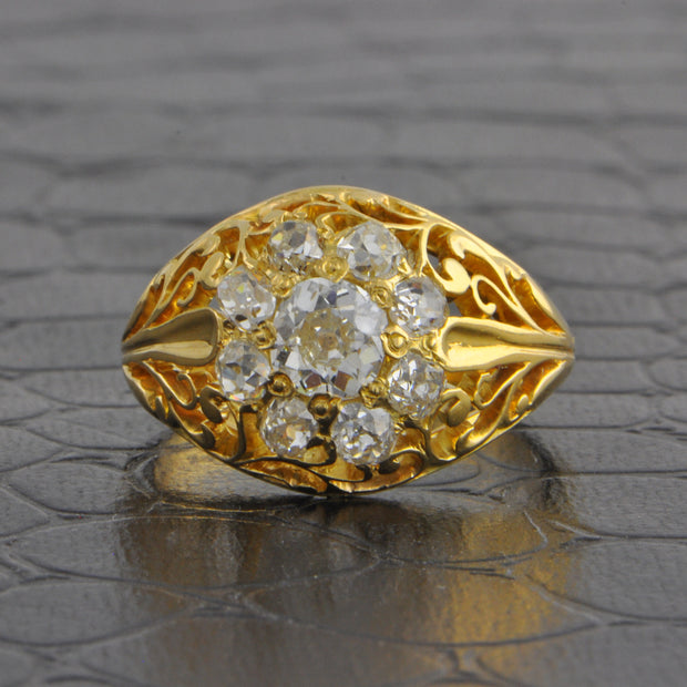 Antique Cushion Cut Diamond Cluster Ring in 18k Yellow Gold