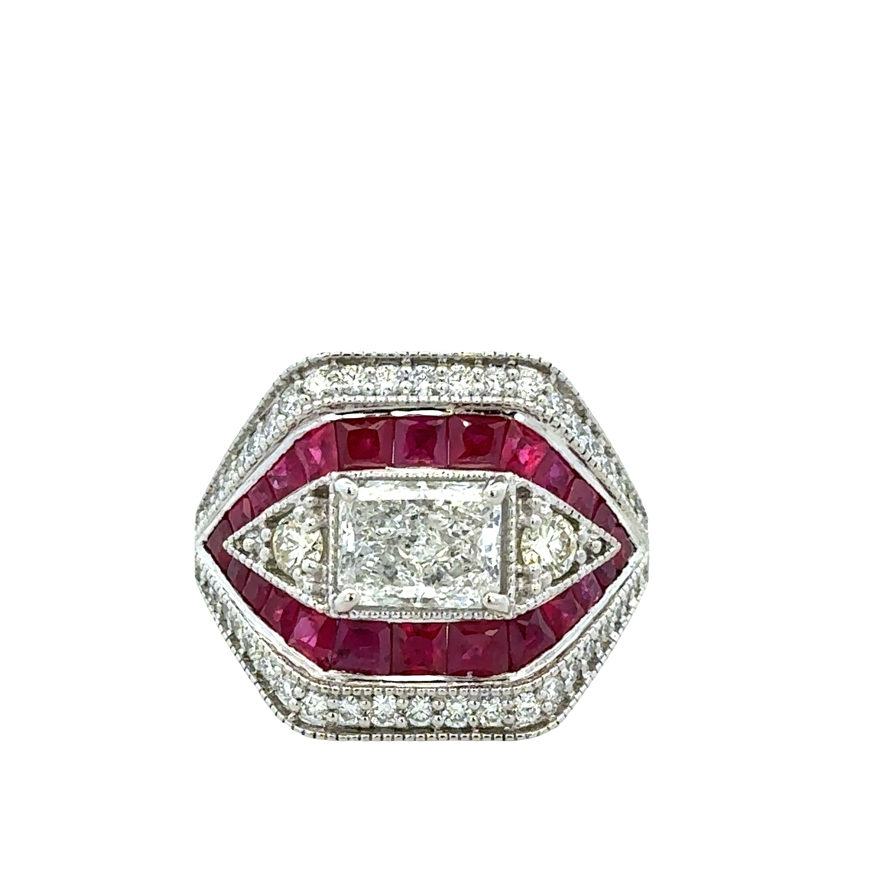 14k White Gold Art Deco–Inspired Diamond & Ruby Statement Ring – Size 7.25