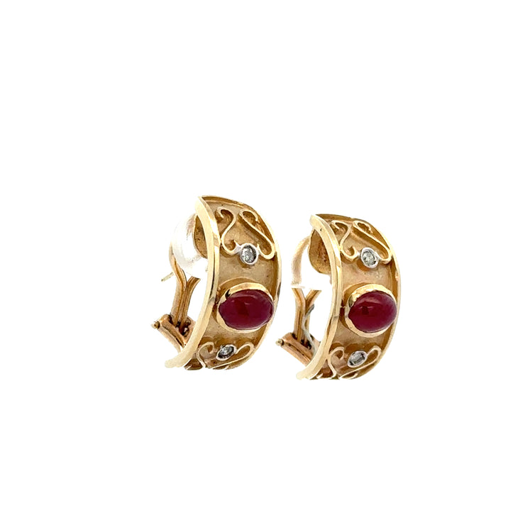 Etruscan Ruby Cabochon and Diamond Huggie Earrings in Yellow Gold