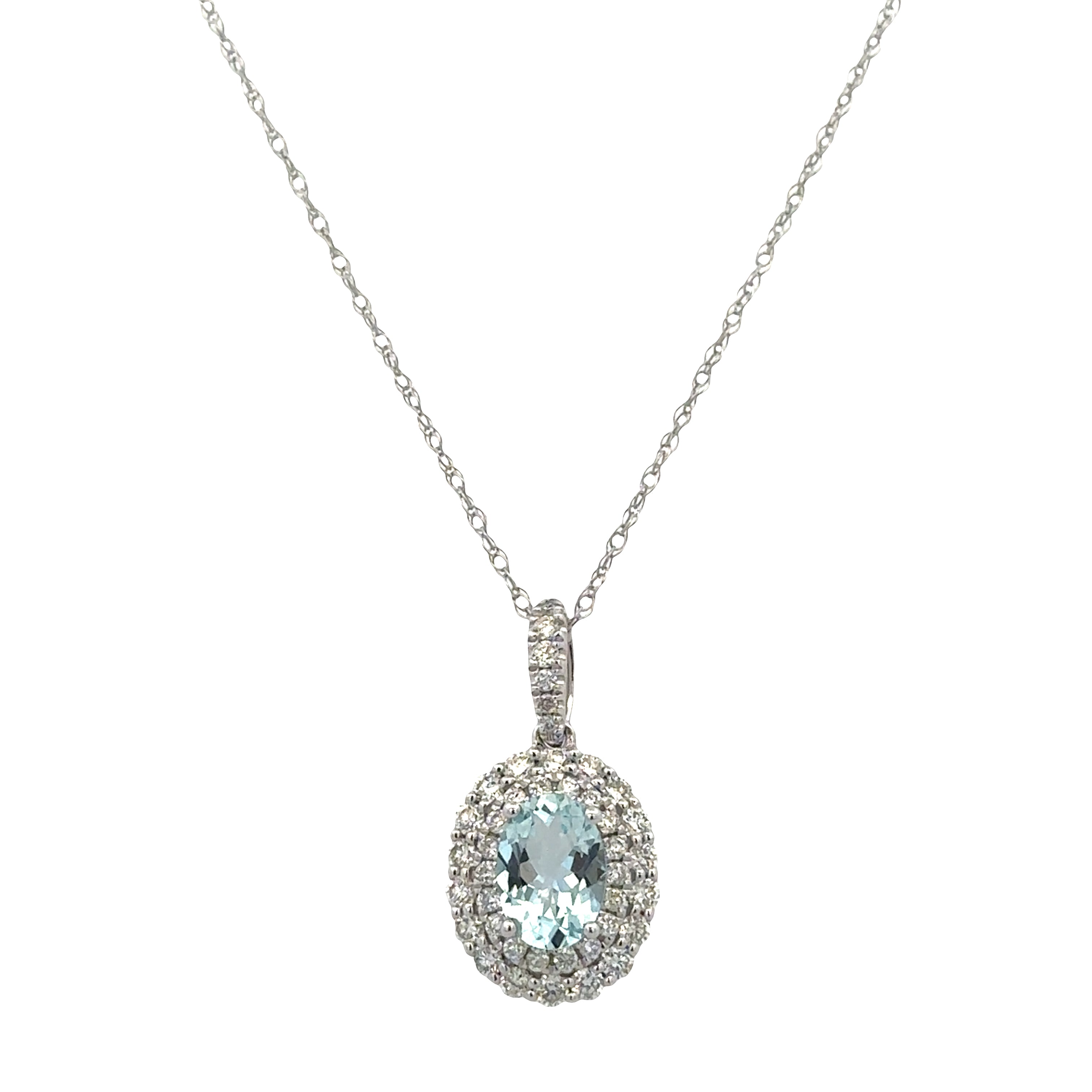 14k White Gold Aquamarine & Diamond Double Halo Pendant