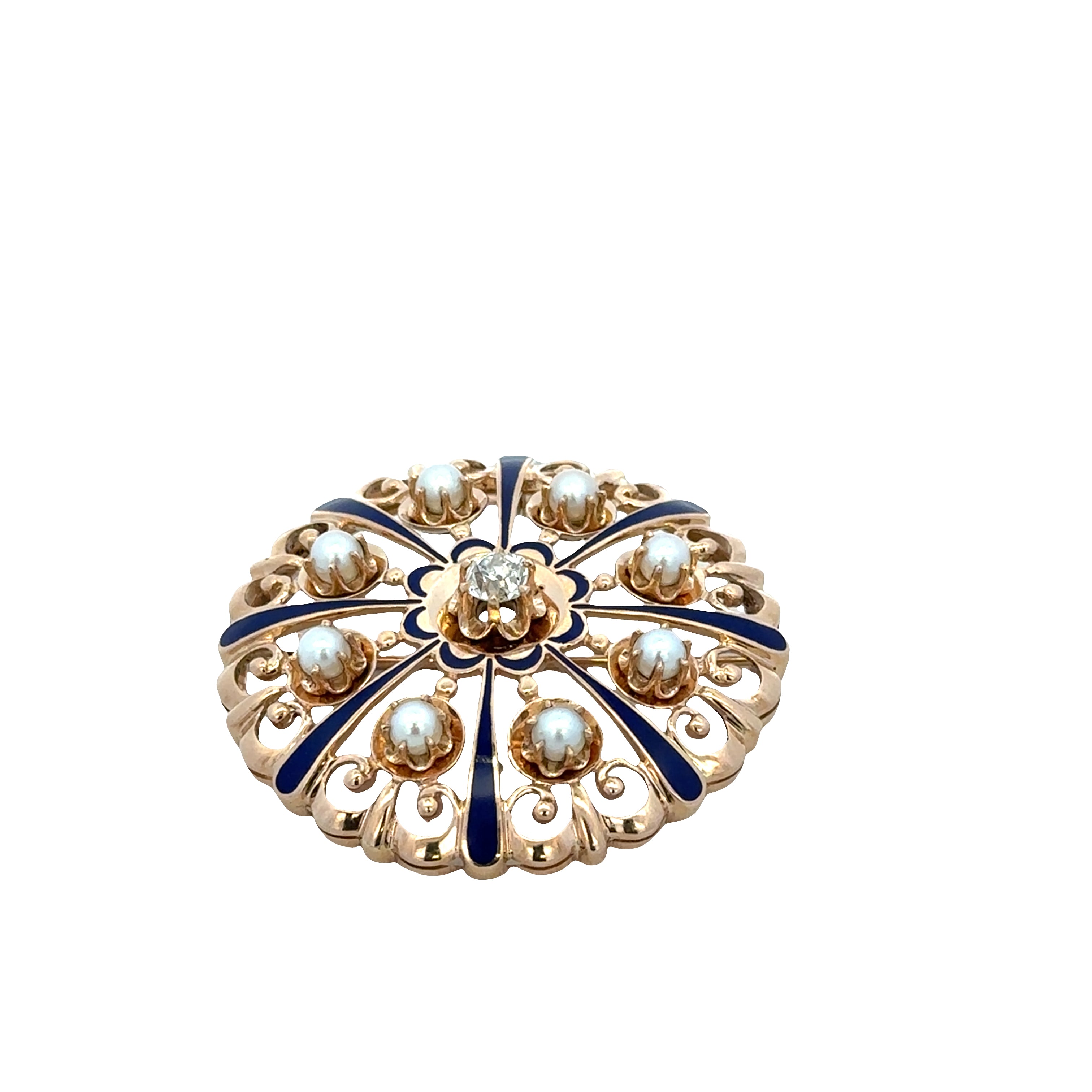 Vintage Victorian Revival 14k Yellow Gold Diamond, Enamel & Pearl Brooch/Pendant