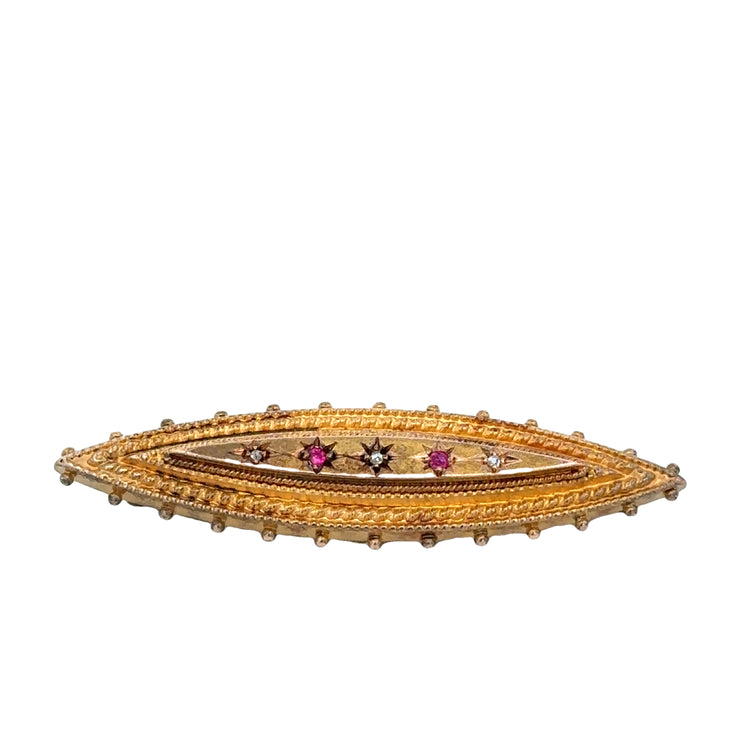 Antique Victorian Rose Cut Diamond and Ruby Brooch in 15k Rose Gold