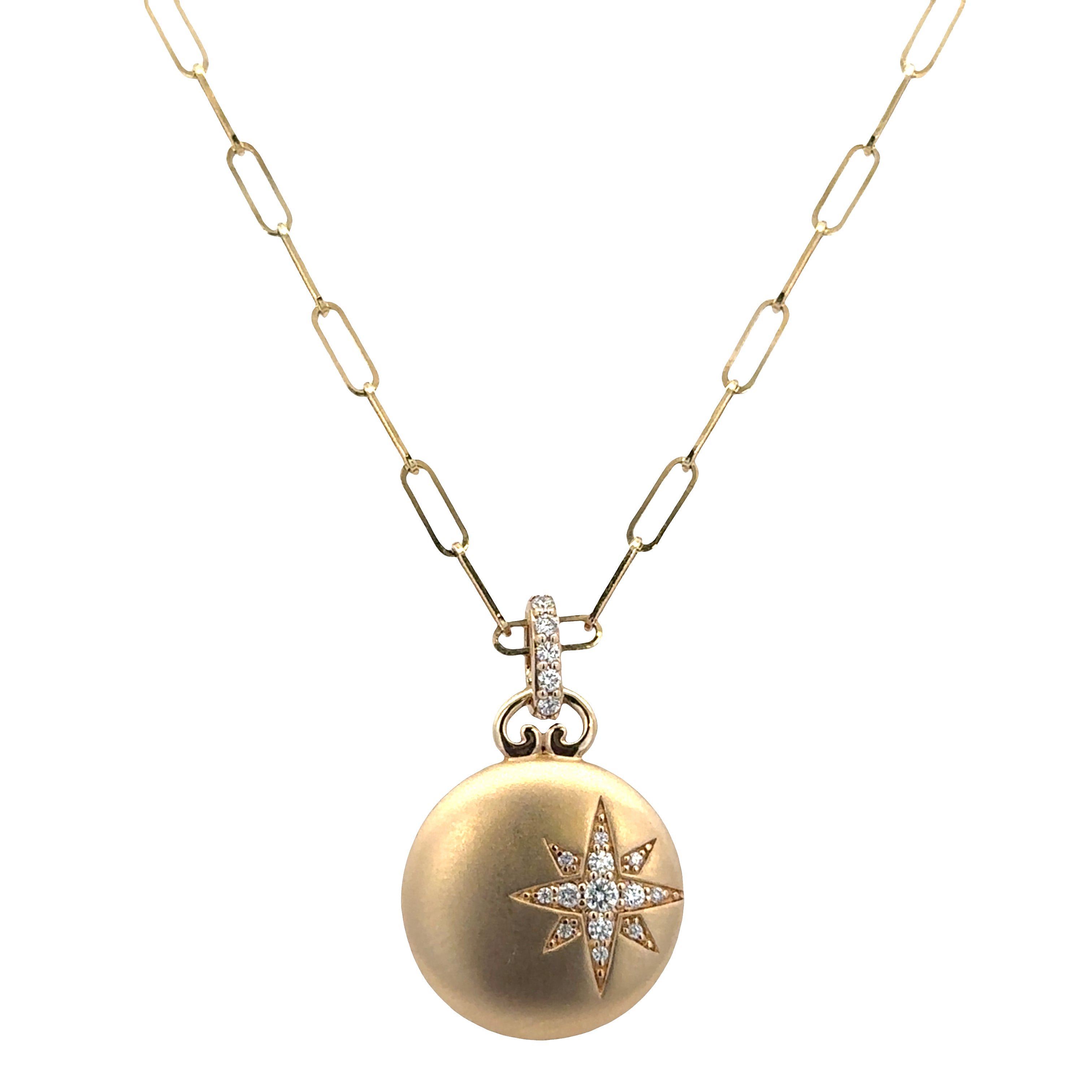 14k Yellow Gold Brushed Disc Star Pendant Necklace with 0.14 CTW Diamonds – 18" Paperclip Chain