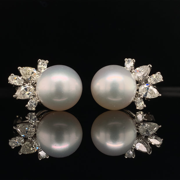 Cultured South Sea Pearl and Diamond Earrings in Platinum