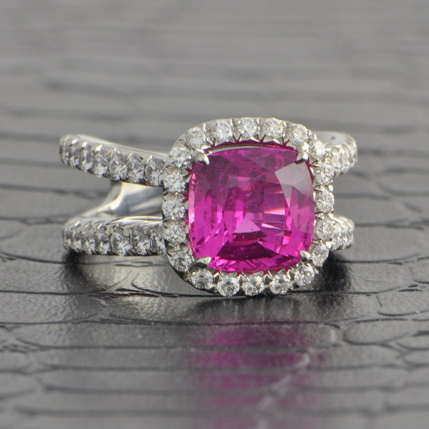 Pink Sapphire and Diamond Halo Ring in Platinum