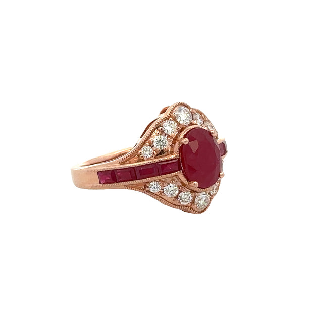 Vintage Inspired Ruby and Diamond Ring in Rose Gold