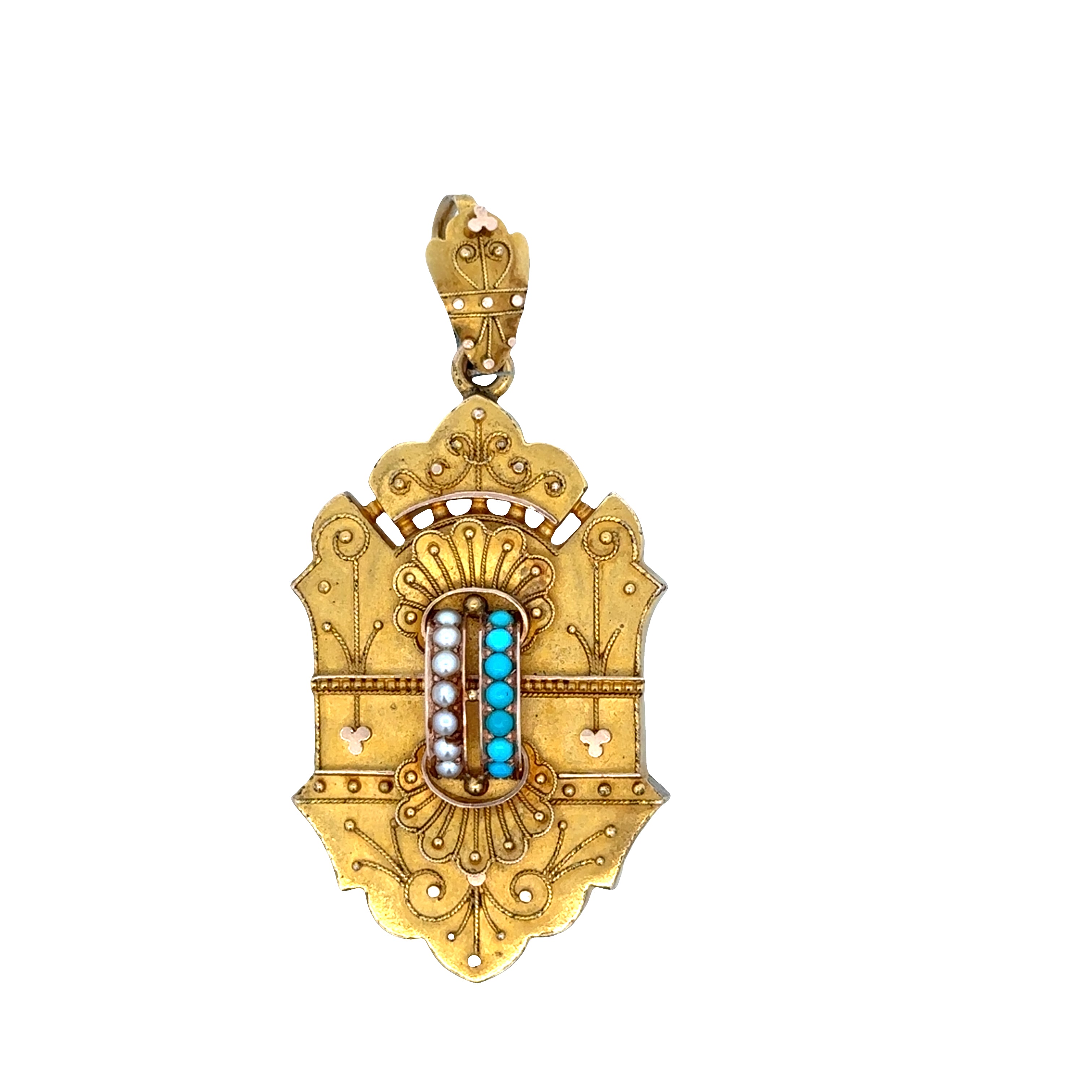 Antique Victorian 14K Yellow Gold Memento Pendant with Seed Pearls, Turquoise & Hair Memento – Shield Design, Circa 19th Century