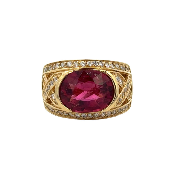 Pink Tourmaline and Diamond Ring in 18k Yellow Gold