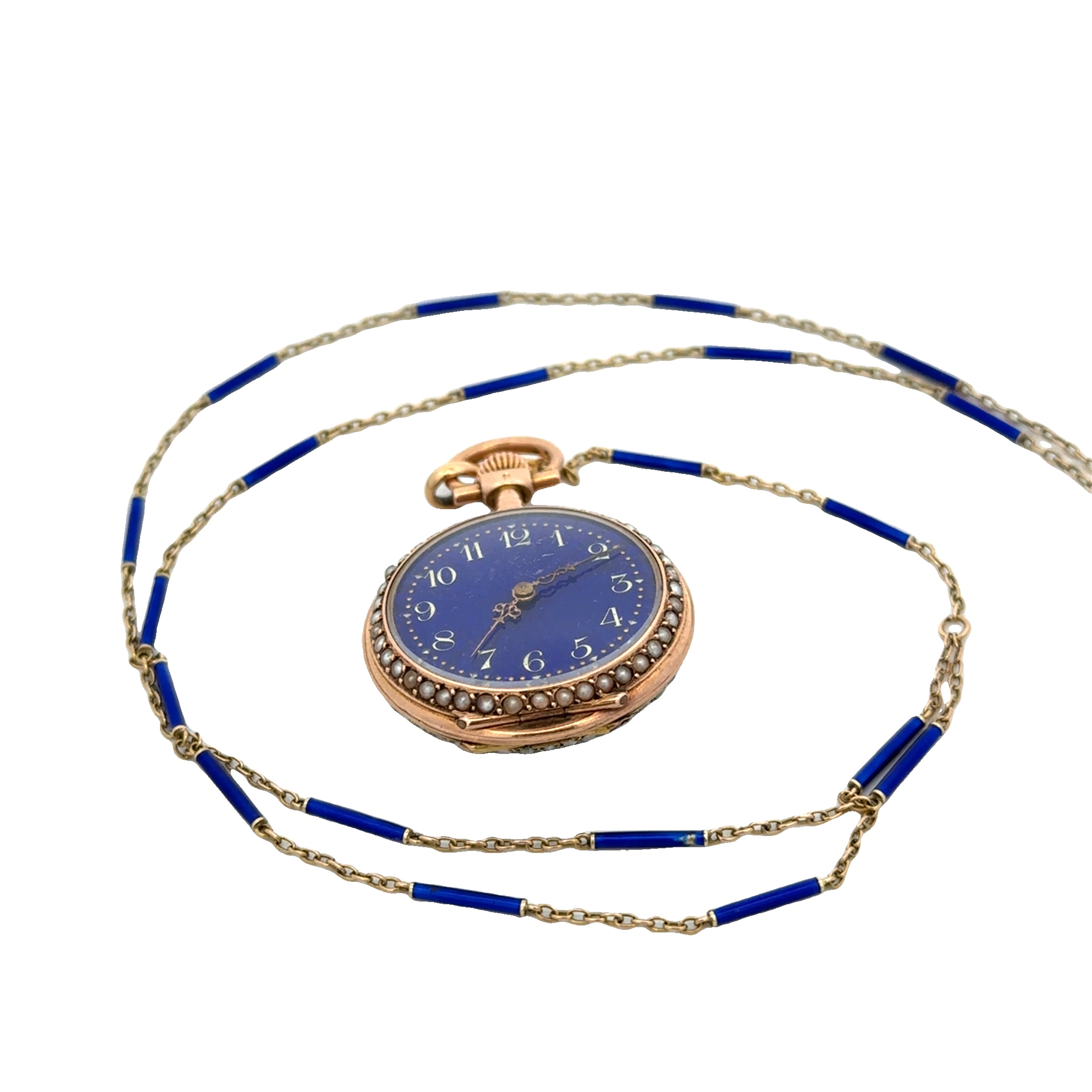 Antique Victorian Enameled Pocket Watch and Chain in Yellow Gold
