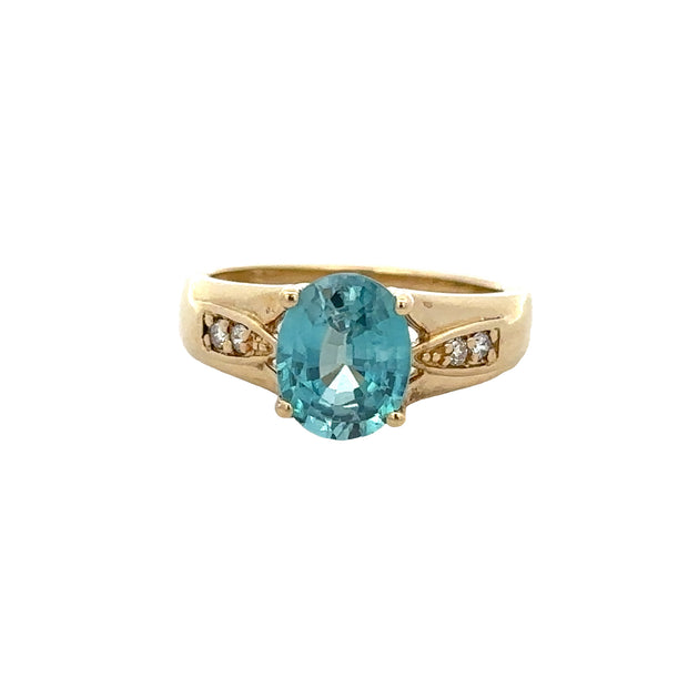 Blue Zircon and Diamond Ring in Yellow Gold