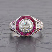 Vintage Inspired 1.29 ct. Round Brilliant Cut Diamond Engagement Ring with Ruby Halo