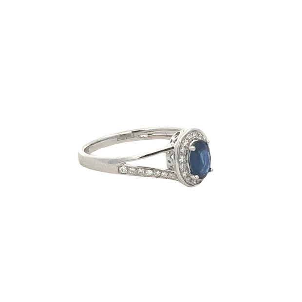 Oval Cut Blue Sapphire and Diamond Ring in White Gold
