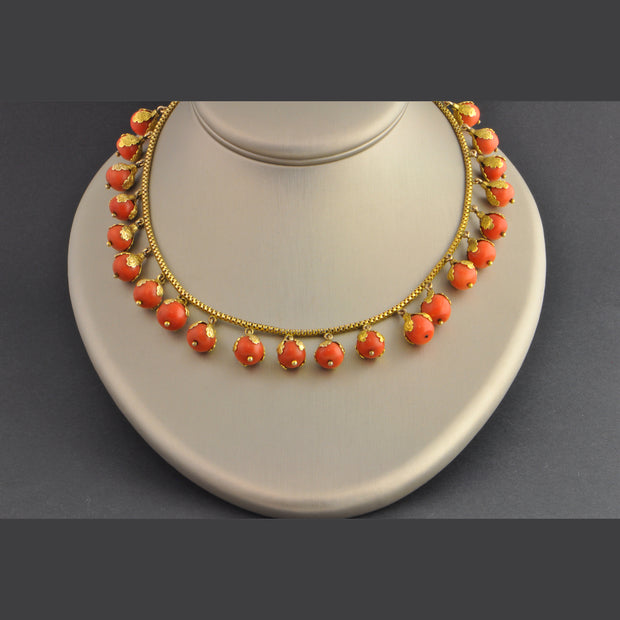 Antique 16" Foliate Style Coral Bead Necklace in Yellow Gold