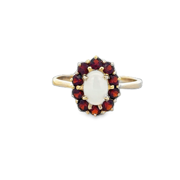 Opal and Garnet Halo Ring in Yellow Gold