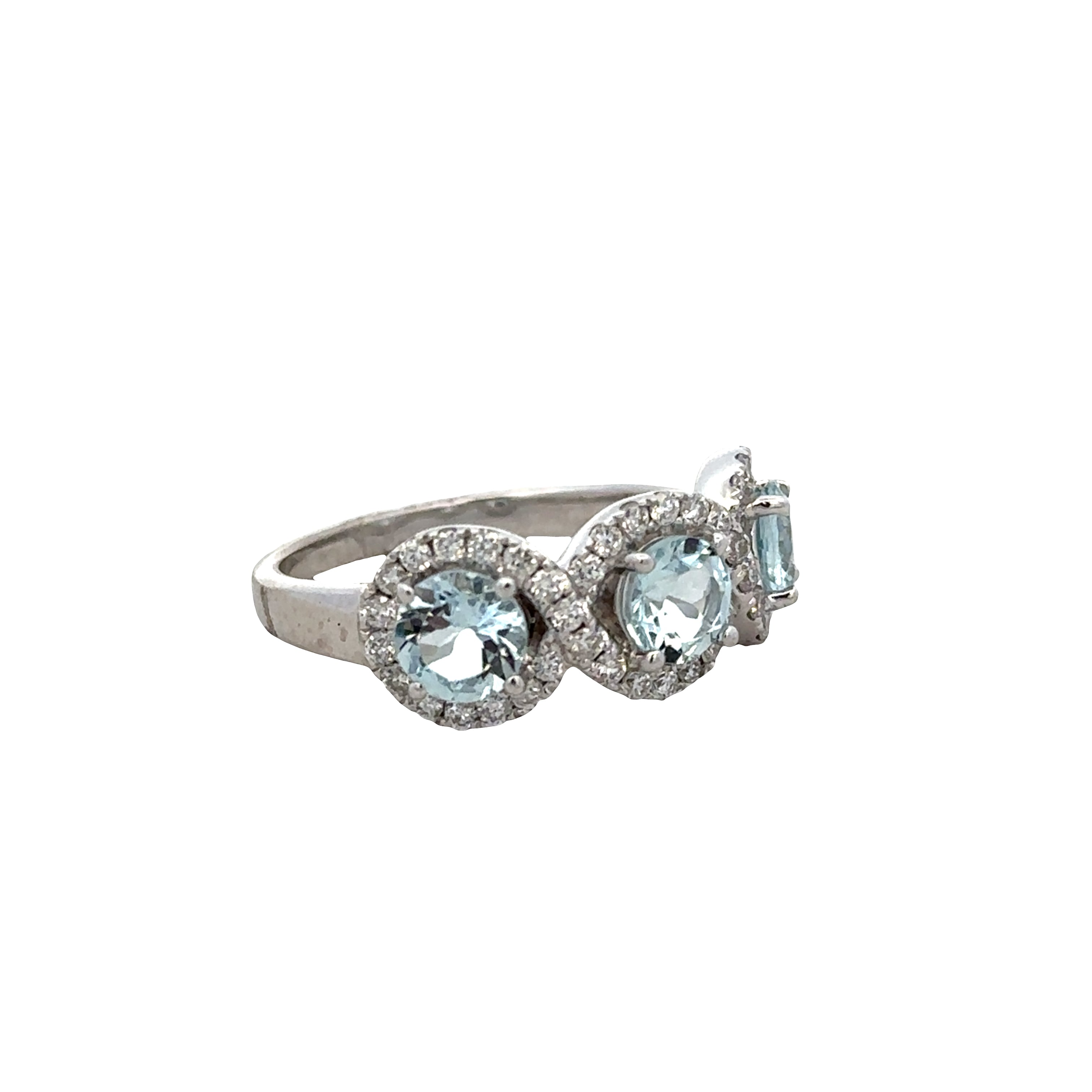 14k White Gold Aquamarine & Diamond Three-Stone Ring – Size 7