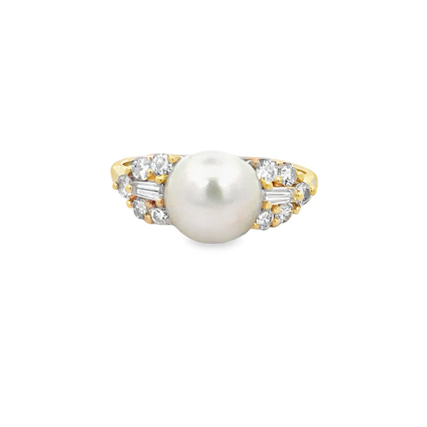 Vintage Akoya Cultured Pearl and Diamond Ring in Yellow Gold