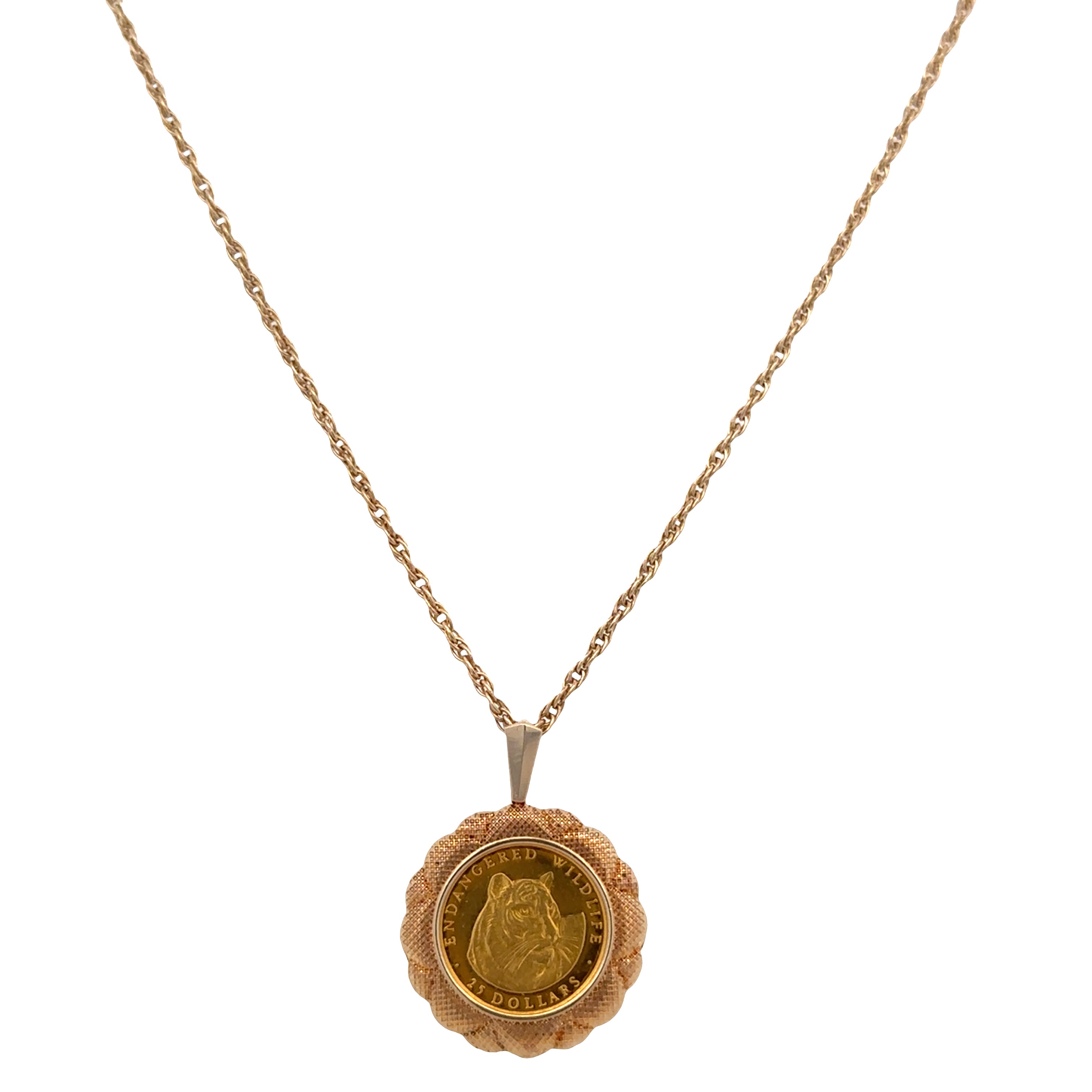14k Yellow Gold Elizabeth II Cook Islands $25 Tiger Coin Pendant Necklace – 18.25"