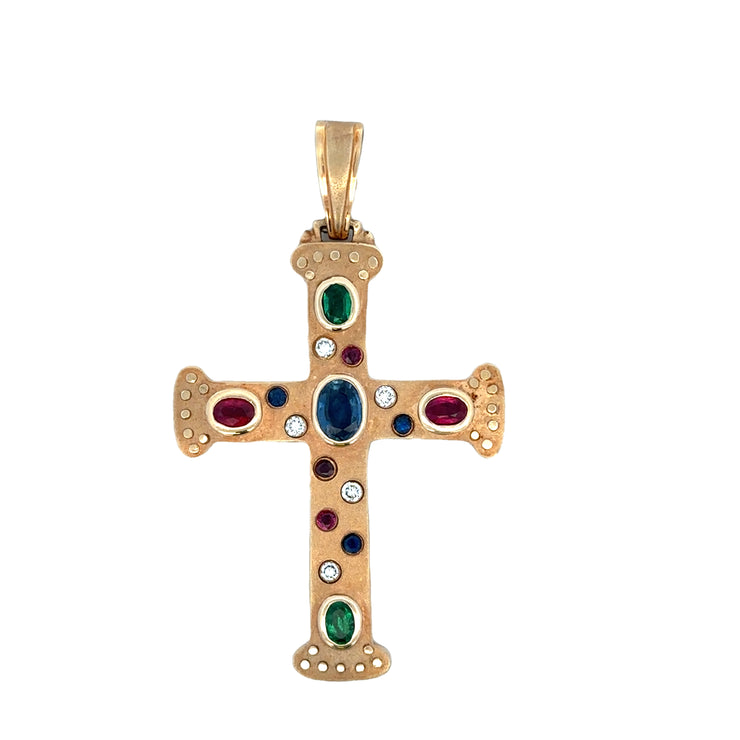 Large Brushed Ruby, Emerald, Diamond, and Sapphire Cross in Yellow Gold