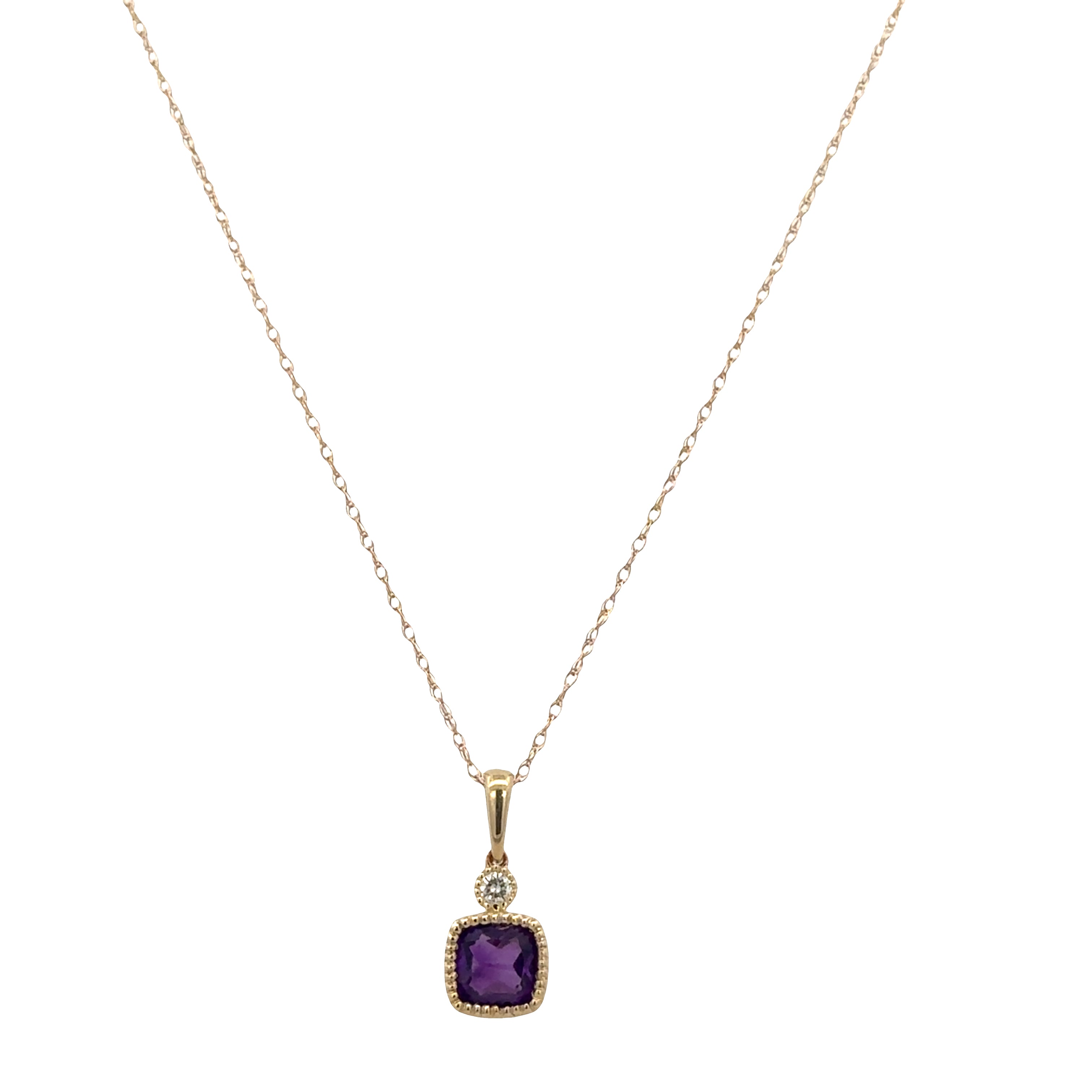 14k Yellow Gold Amethyst & Diamond Pendant Necklace