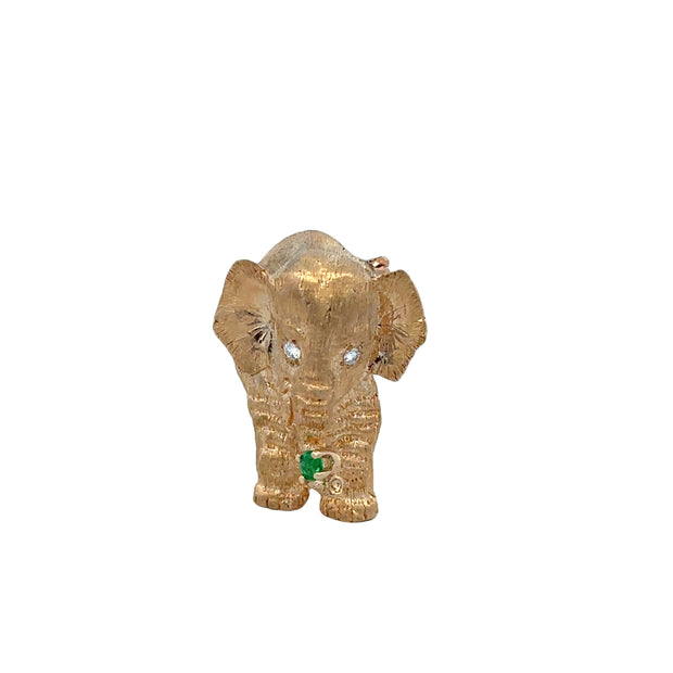 Emerald and Diamond Elephant Brooch in Yellow Gold