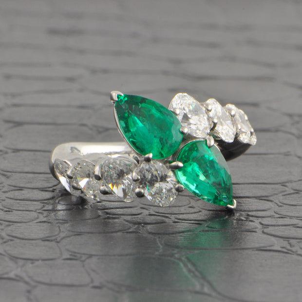 Emerald and Diamond Toi et Moi Bypass Ring in Platinum