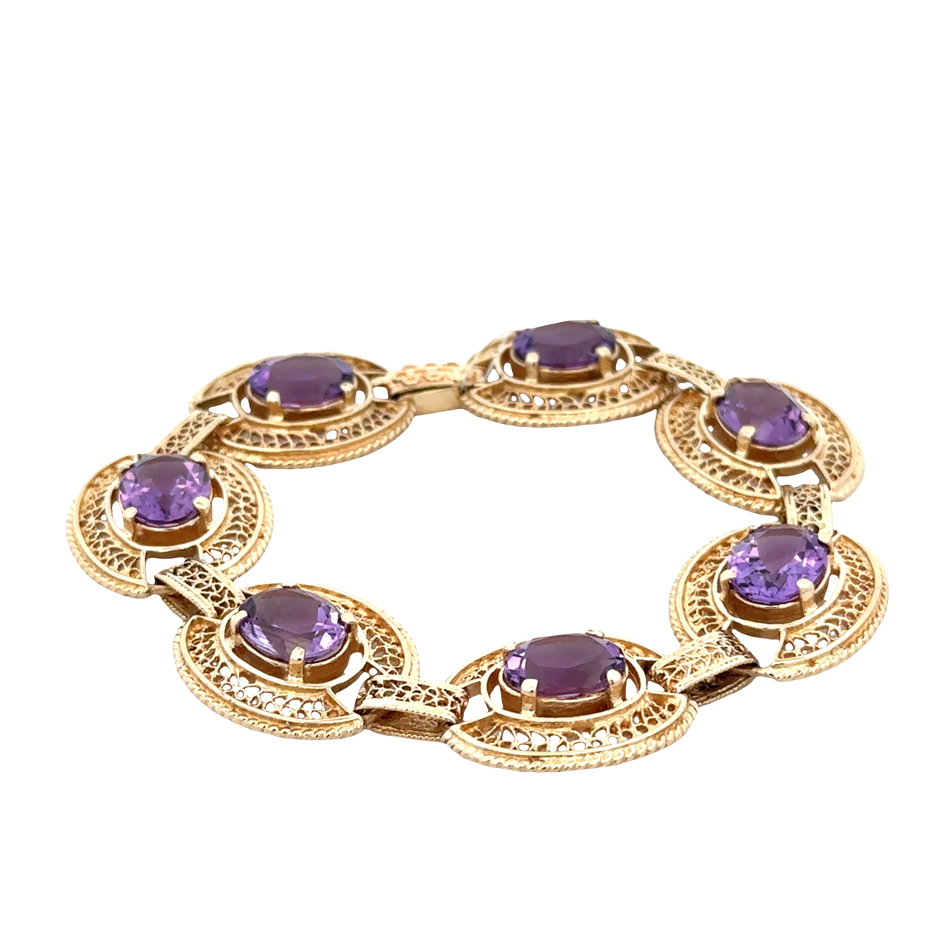 14k Yellow Gold Amethyst Openwork Statement Bracelet – 7" Long