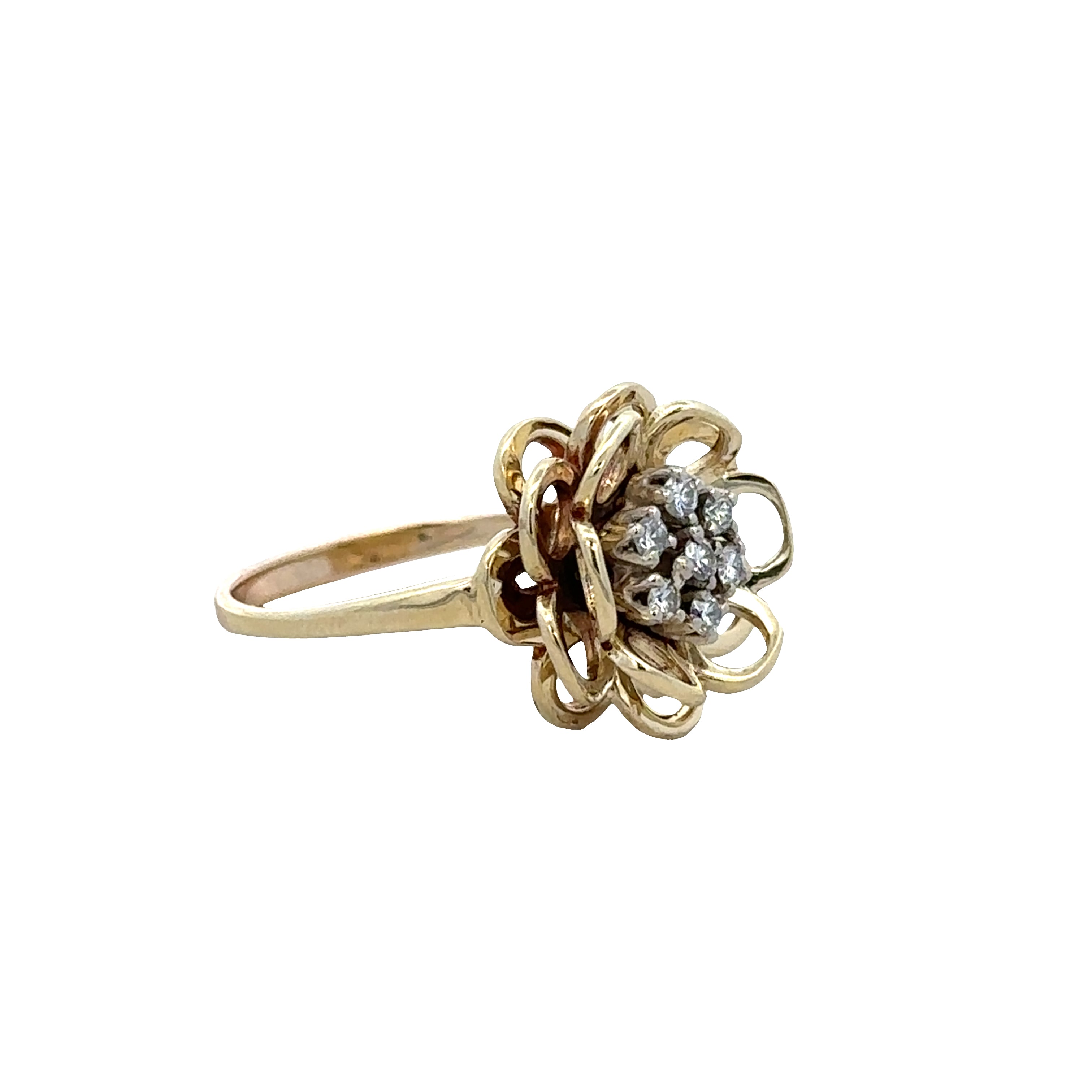 14k Yellow Gold Diamond Openwork Flower Ring – Size 6.25