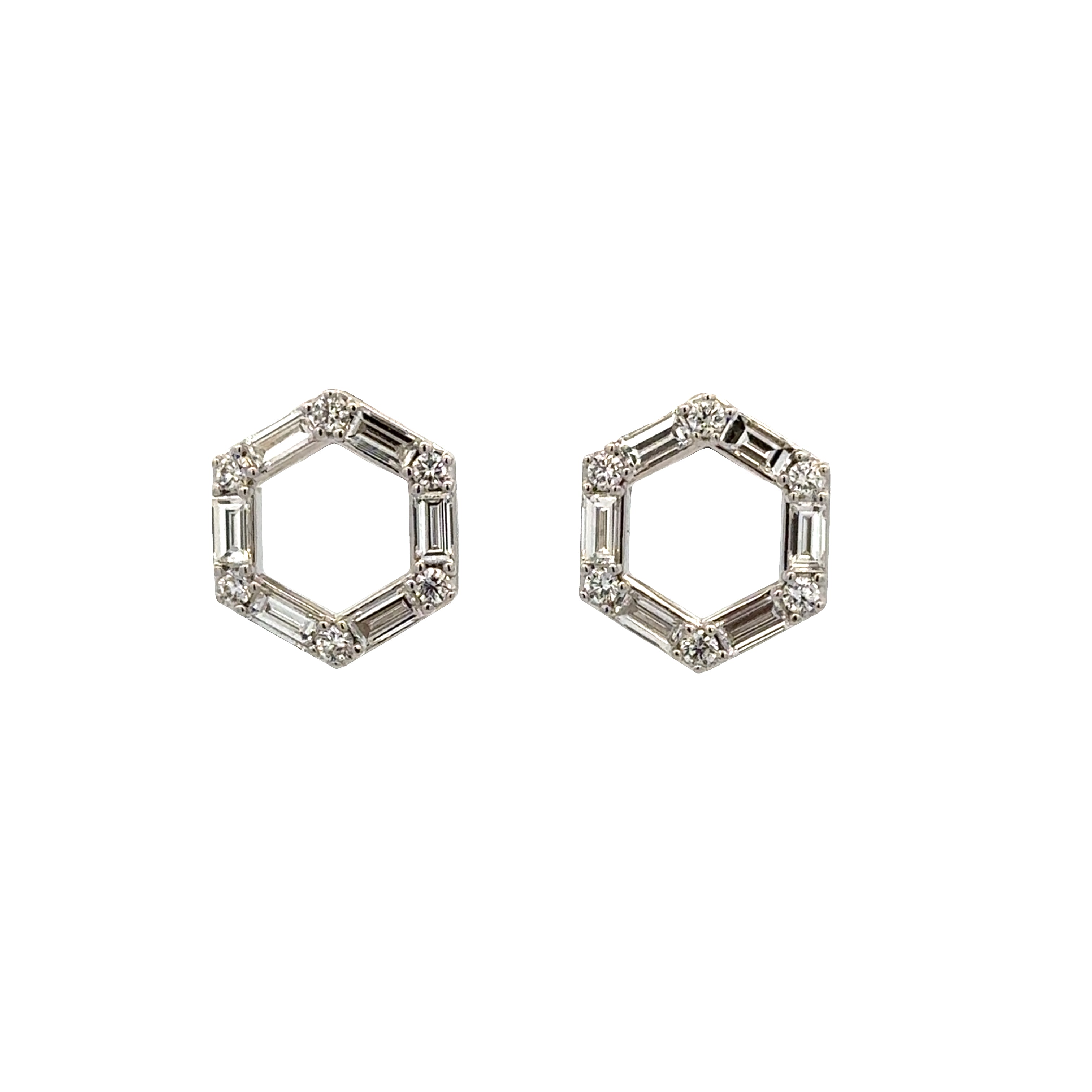 Geometric Baguette and Round Diamond Stud Earrings in White Gold