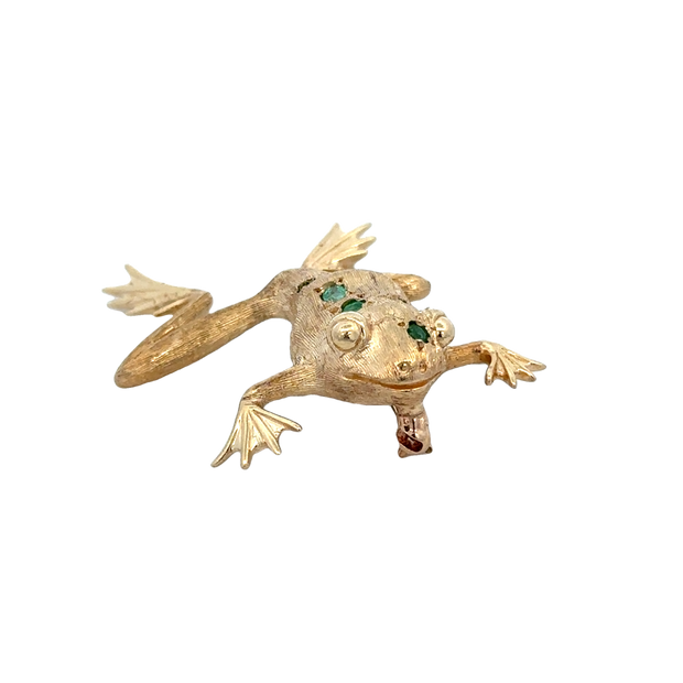 Vintage Emerald Frog Brooch in Yellow Gold