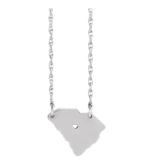 Helene Disaster Relief - North Carolina or South Carolina State Necklace with Heart Pierced City - Sterling Silver