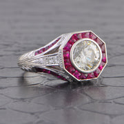 Vintage Inspired 1.29 ct. Round Brilliant Cut Diamond Engagement Ring with Ruby Halo