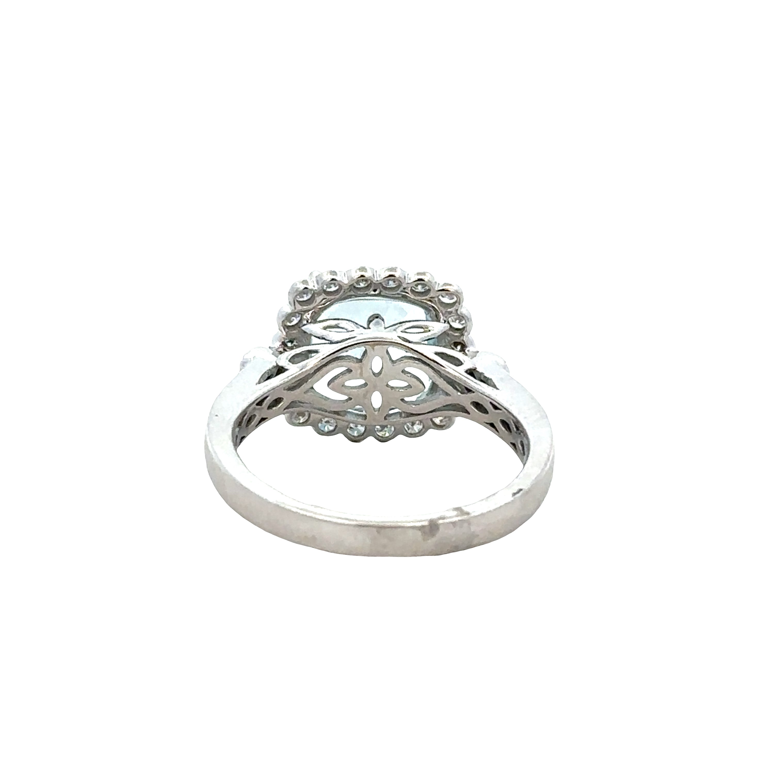 14k White Gold Cushion Cut Aquamarine and Diamond Halo Ring – 2.75 ct. Aquamarine, 0.50 ct. Diamonds