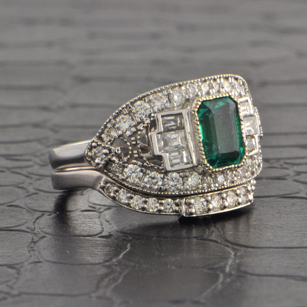 Art Deco Inspired Emerald and Diamond Ring & Band in 18k White Gold