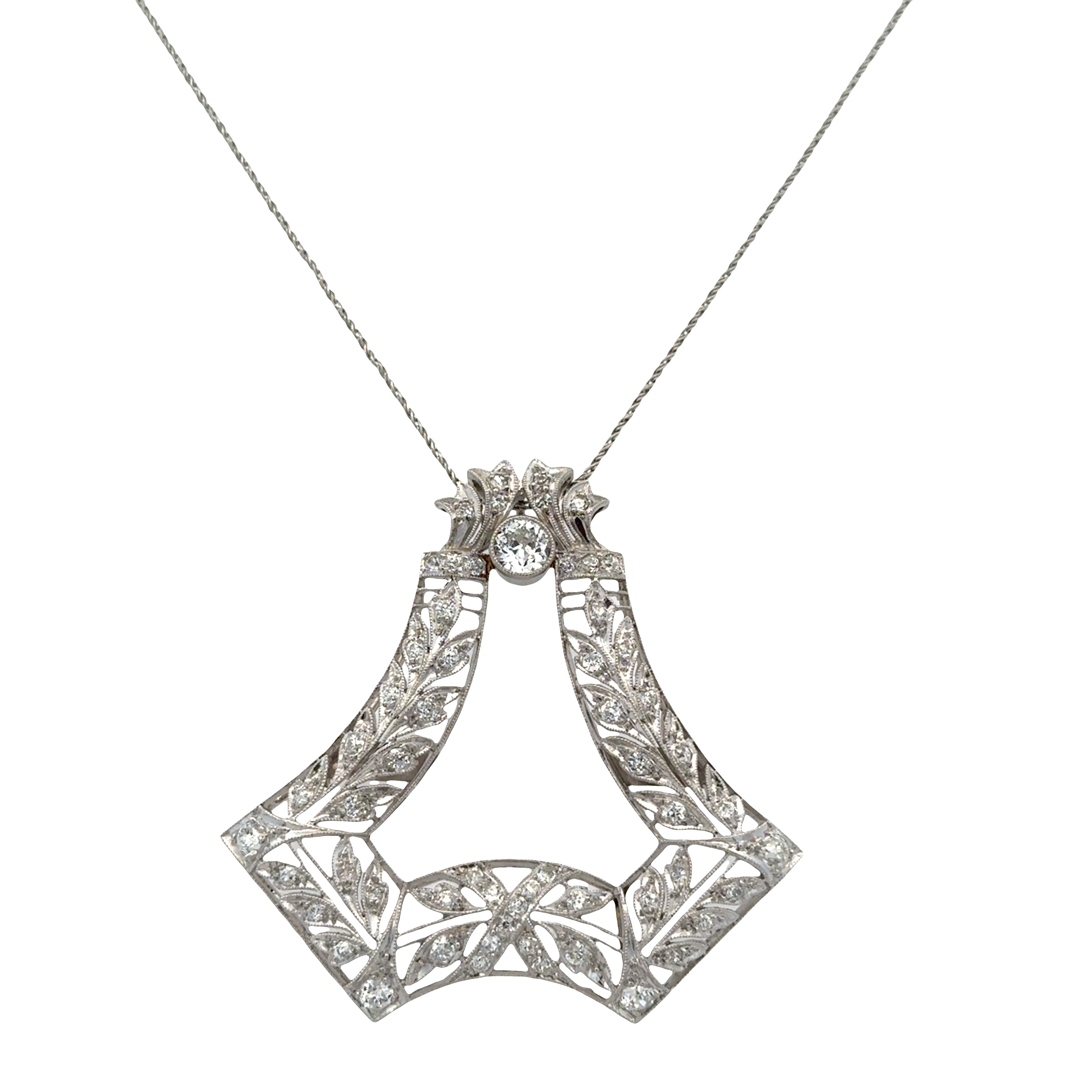 Antique Edwardian Platinum Diamond Pendant – 1.99 Carats, Openwork Filigree Design (Circa 1910s)