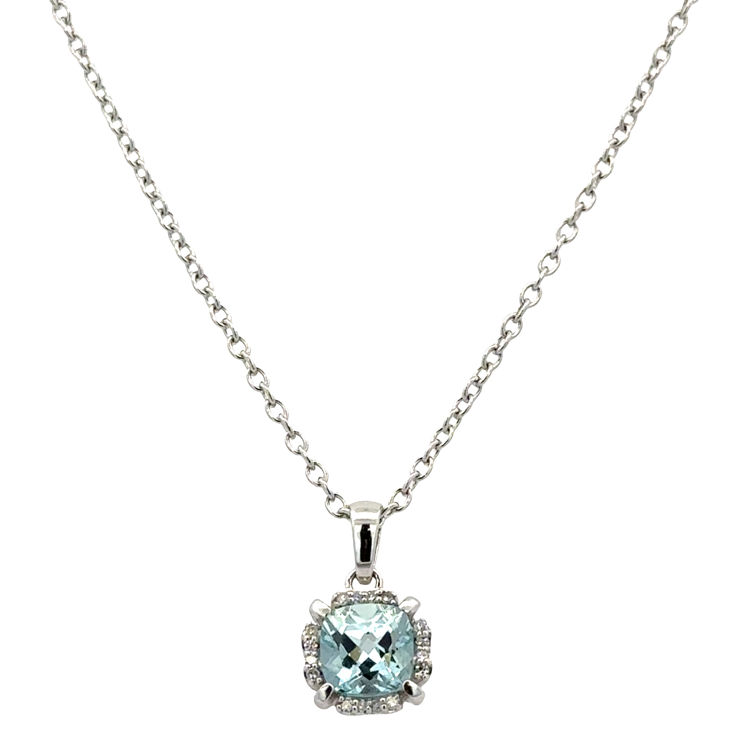 14k White Gold Aquamarine & Diamond Halo Pendant Necklace – 18"