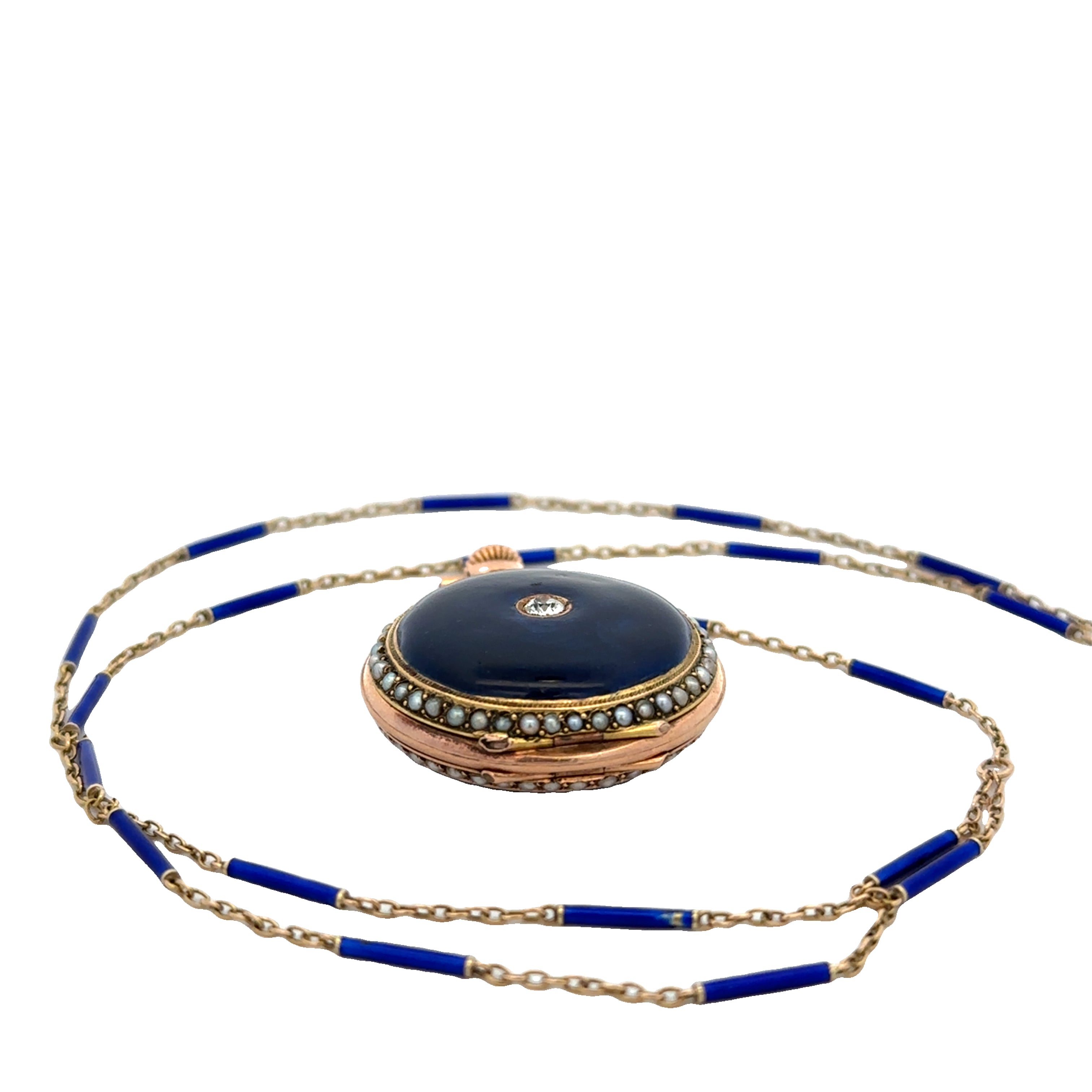 Antique Victorian Enameled Pocket Watch and Chain in Yellow Gold
