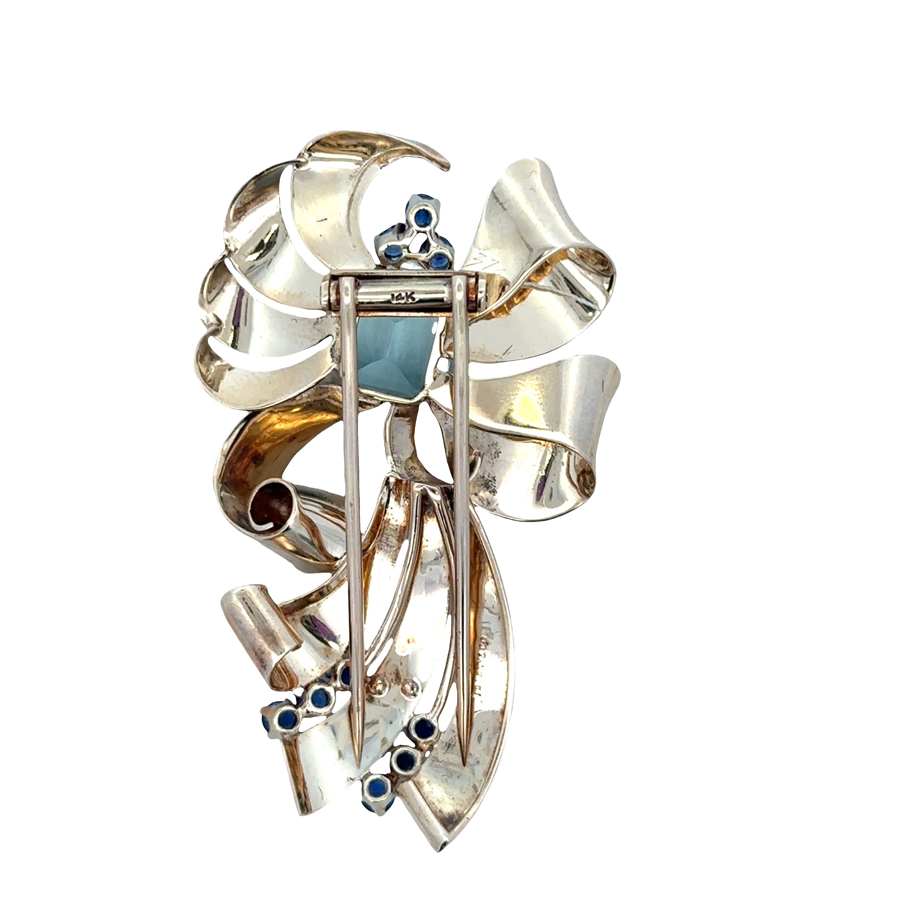Vintage Tiffany & Co. Retro 14k Yellow Gold Aquamarine & Sapphire Brooch