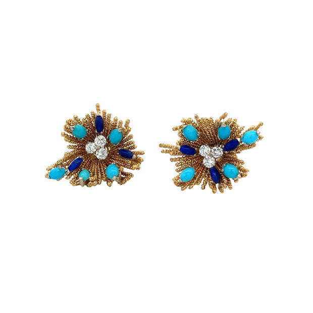 Vintage 1950s-60s Turquoise, Lapis, and Diamond Clip On Earrings