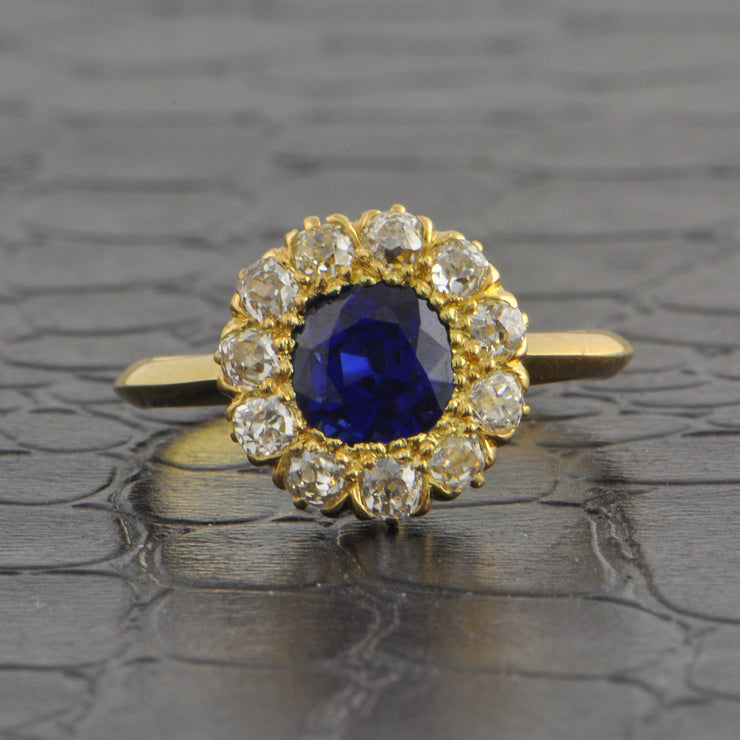 Antique Edwardian Sapphire and Old Mine Cut Diamond Cluster Ring in 18k Yellow Gold