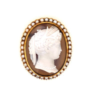 Antique Hardstone Cameo Brooch With Pearl Border in Yellow Gold