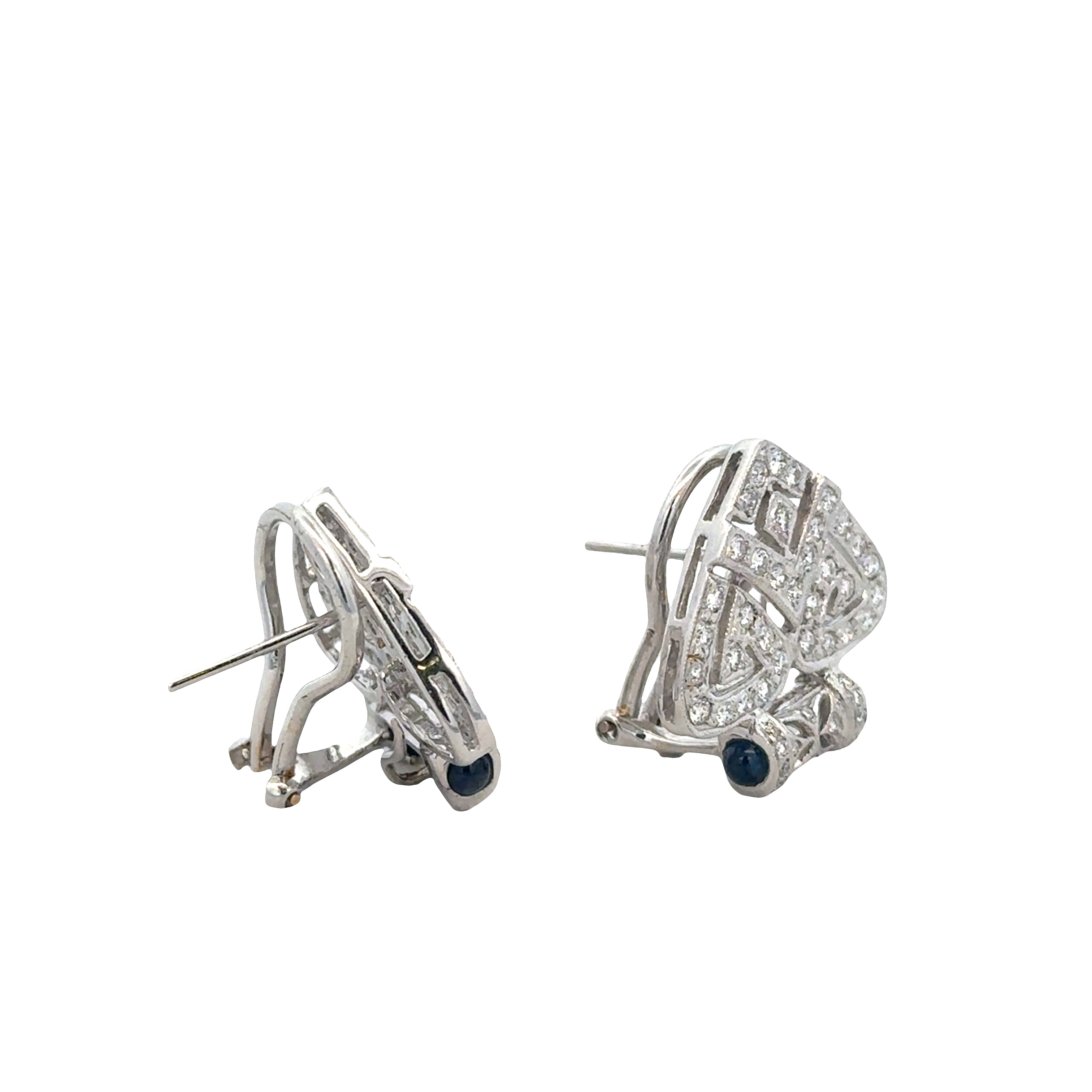 18K White Gold Art Deco-Inspired Triangular Earrings with Diamonds & Sapphire Cabochons – 1.11 CTW