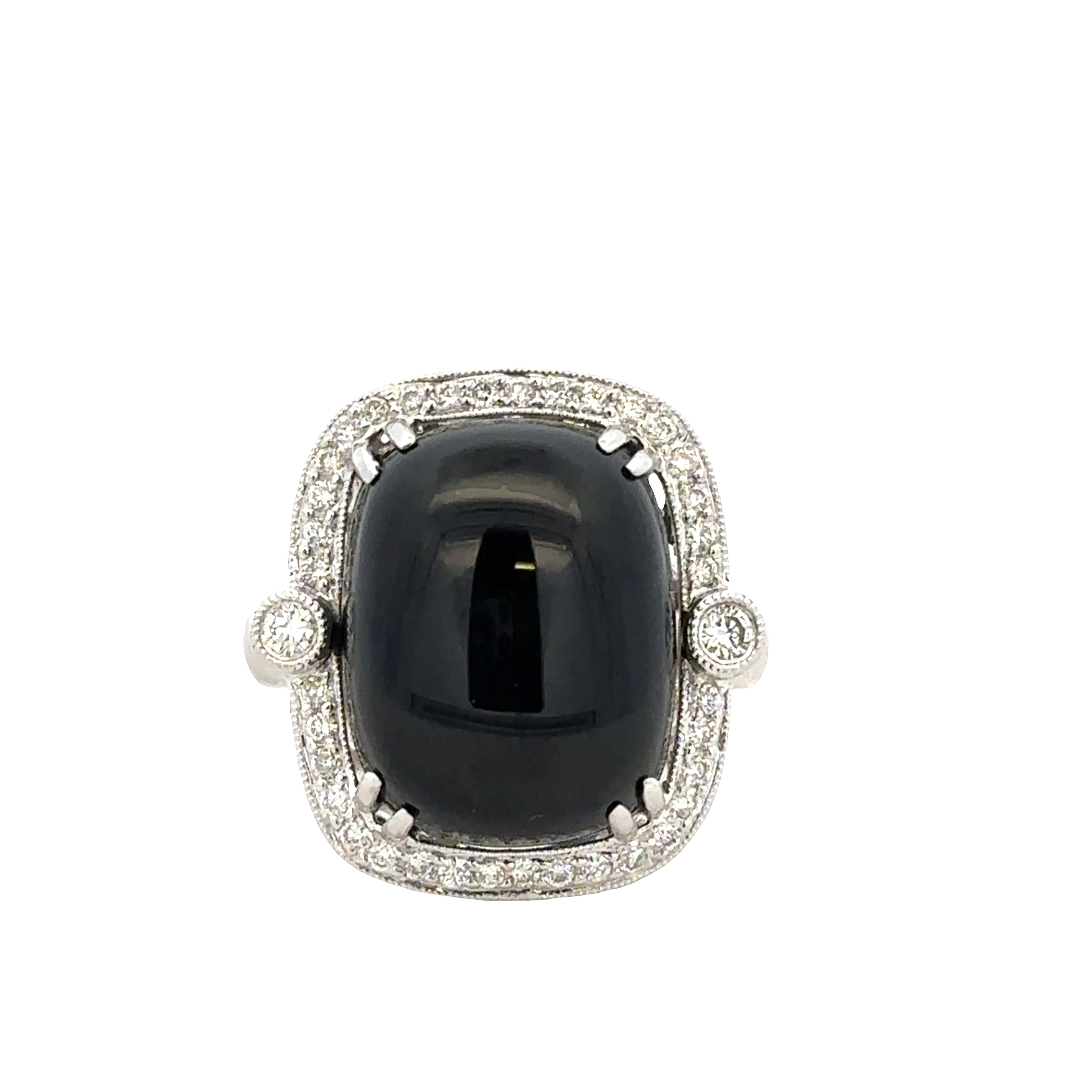 Statement 18k White Gold Black Onyx & Diamond Halo Ring – Size 6.75