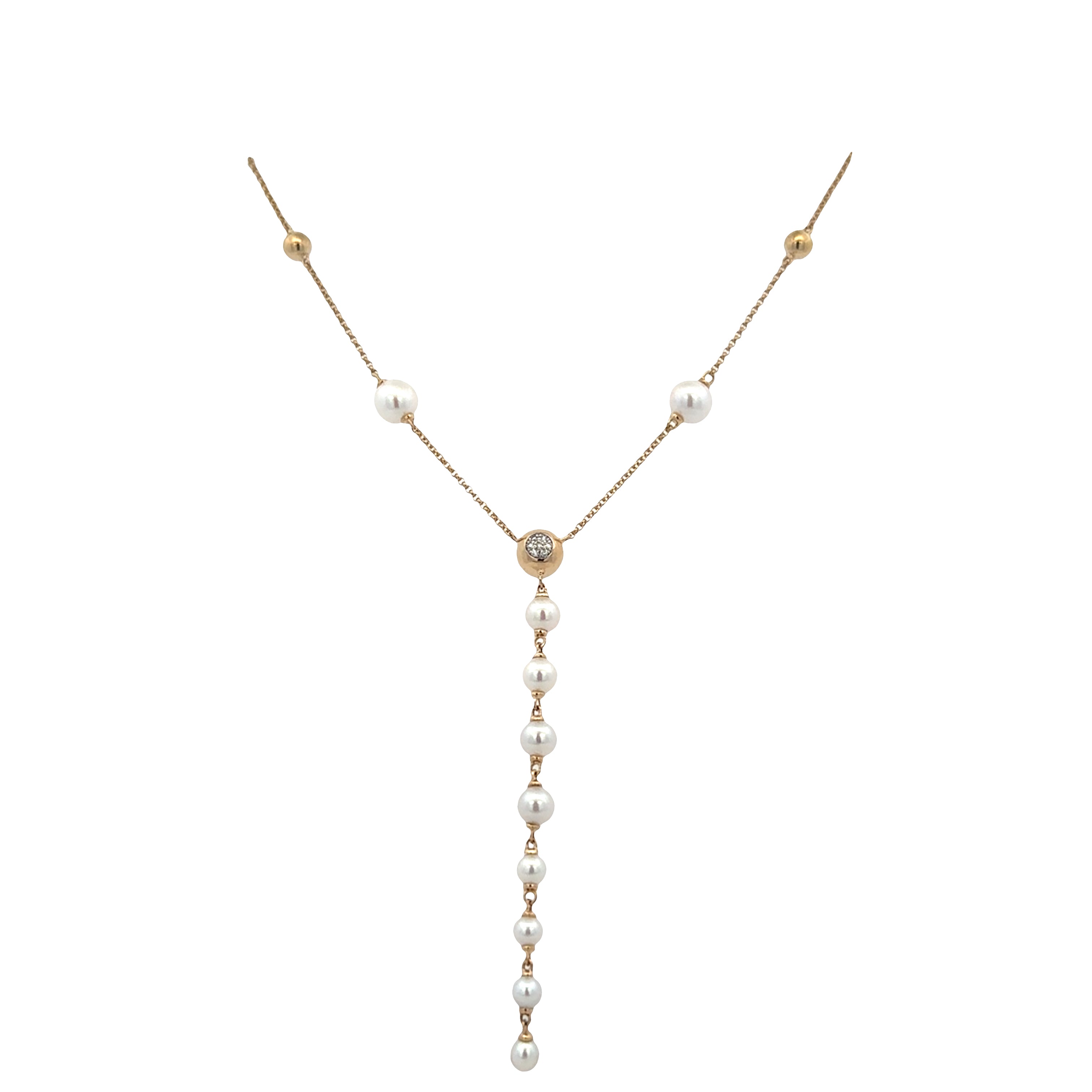 14k Yellow Gold Pearl & Diamond Y-Style Necklace – Adjustable 16"–18"