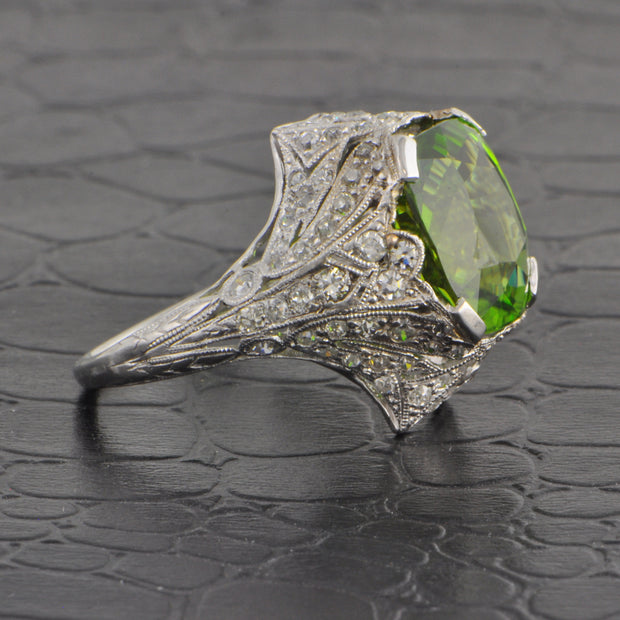 Antique Art Deco Peridot and Diamond Ring in Platinum