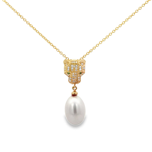 Diamond and Emerald Cheetah Pearl Pendant in Yellow Gold