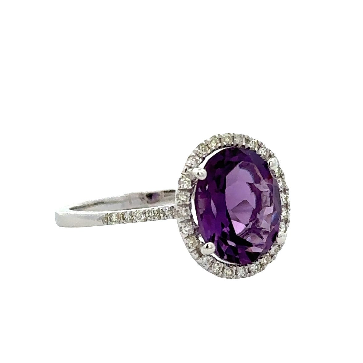 Amethyst and Diamond Halo Ring in White Gold