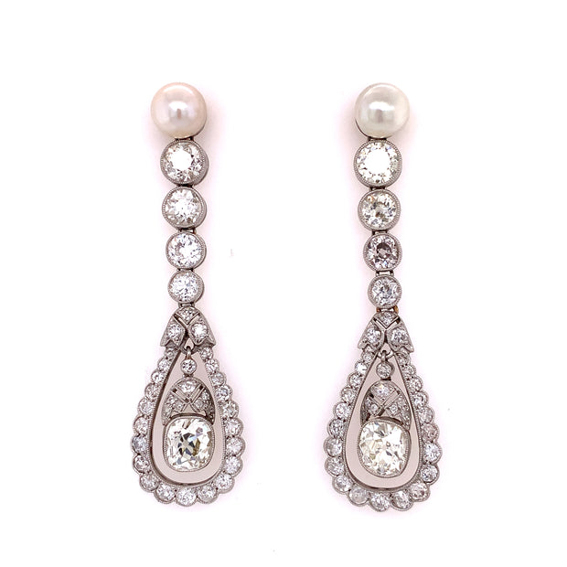 Ethereal Antique Edwaridan Natural Pearl and Diamond Earrings in Platinum