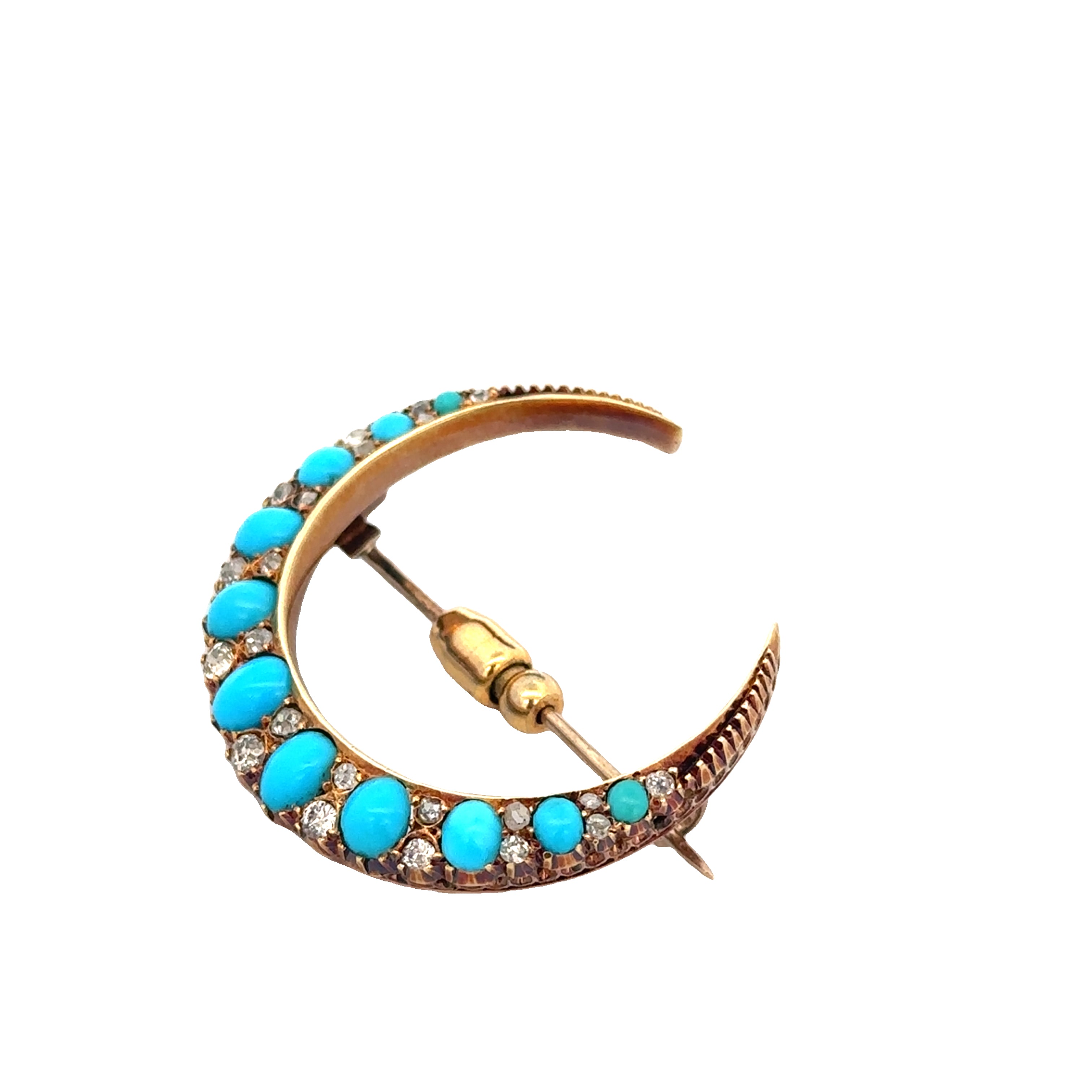 Antique Victorian Turquoise and Old Mine Cut Diamond Crescent Brooch in Yellow Gold