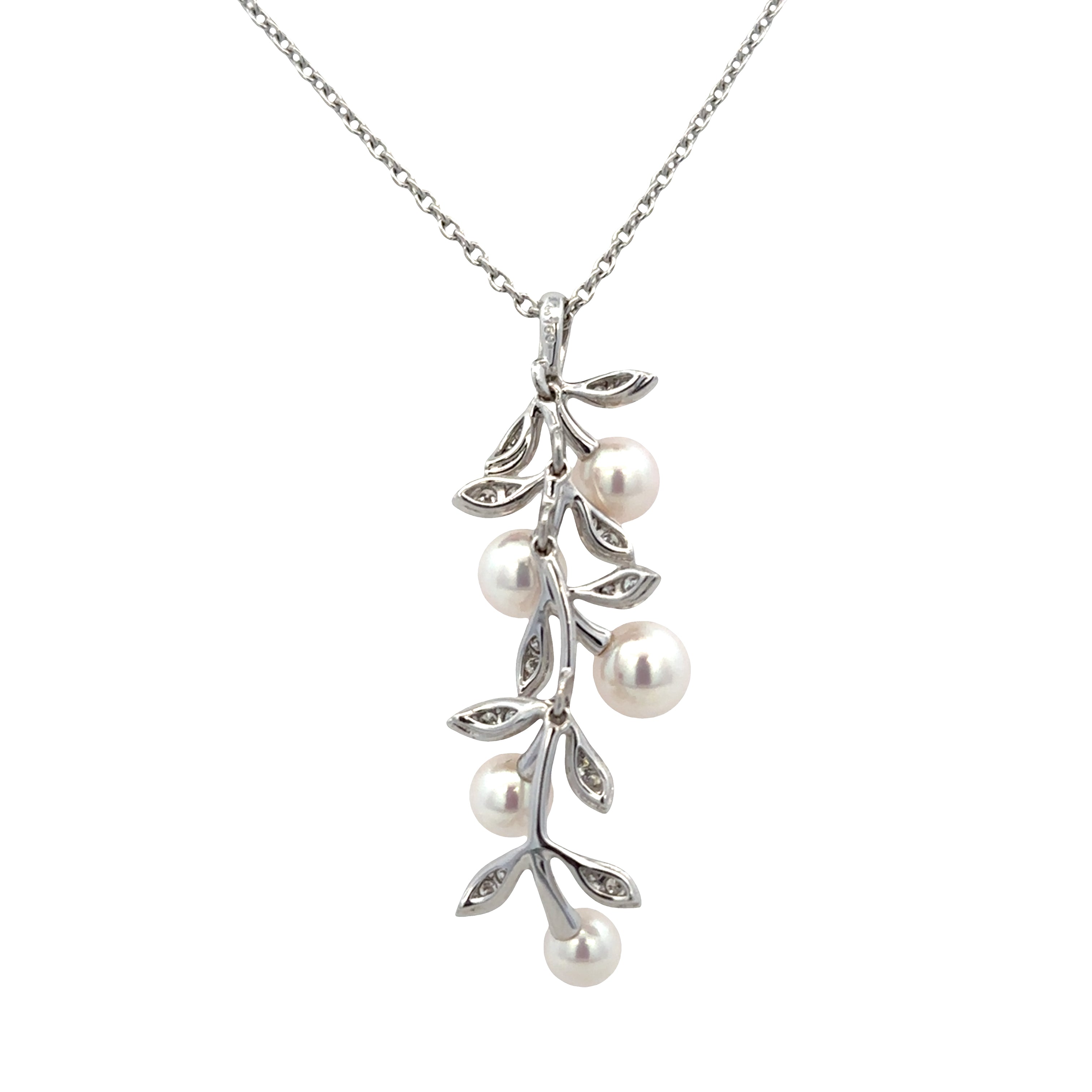 Estate Mikimoto 18k White Gold Pearl & Diamond Foliate Pendant Necklace – Adjustable 17.5"
