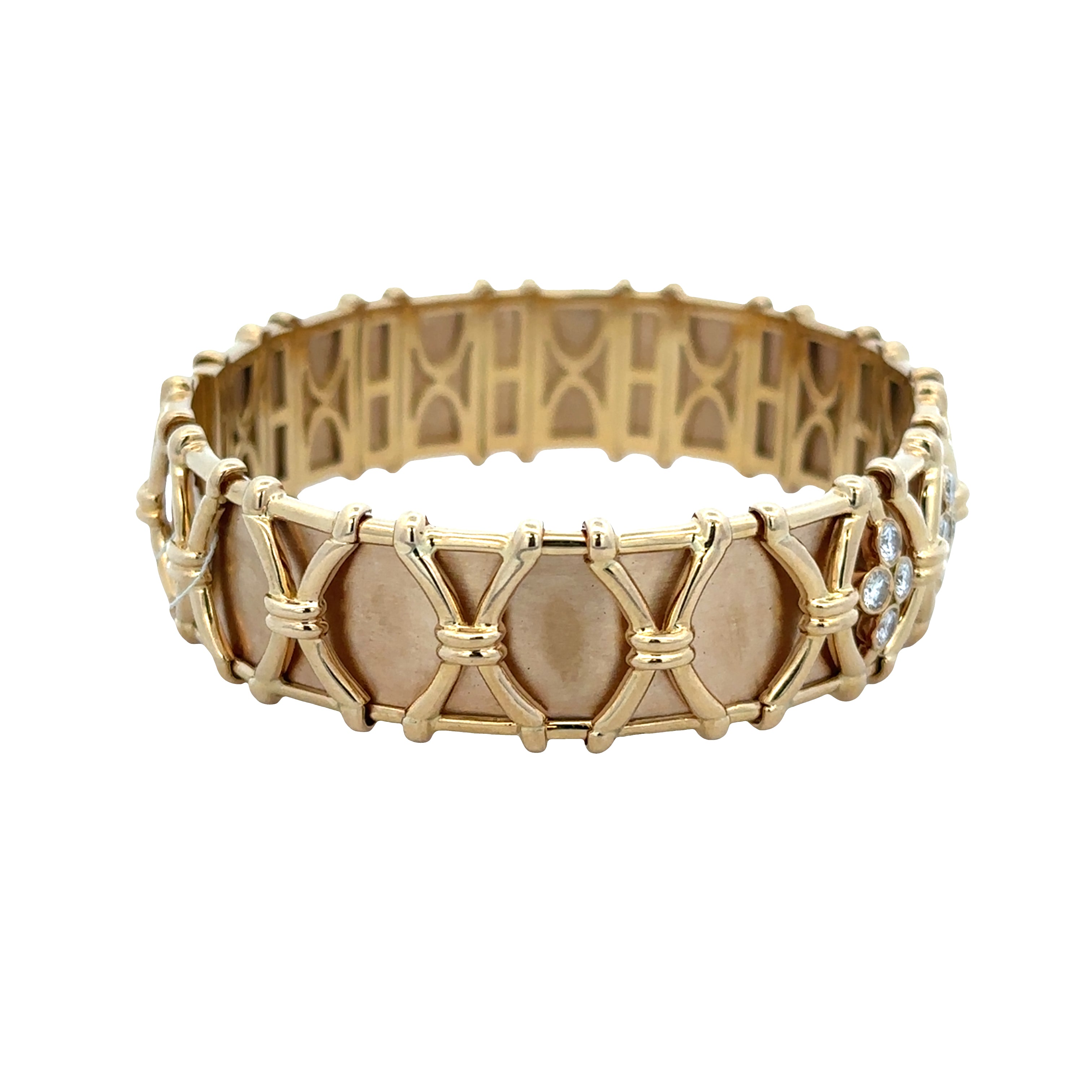 Heavy Textured Diamond Flexible Bangle Bracelet in 18k Yellow Gold